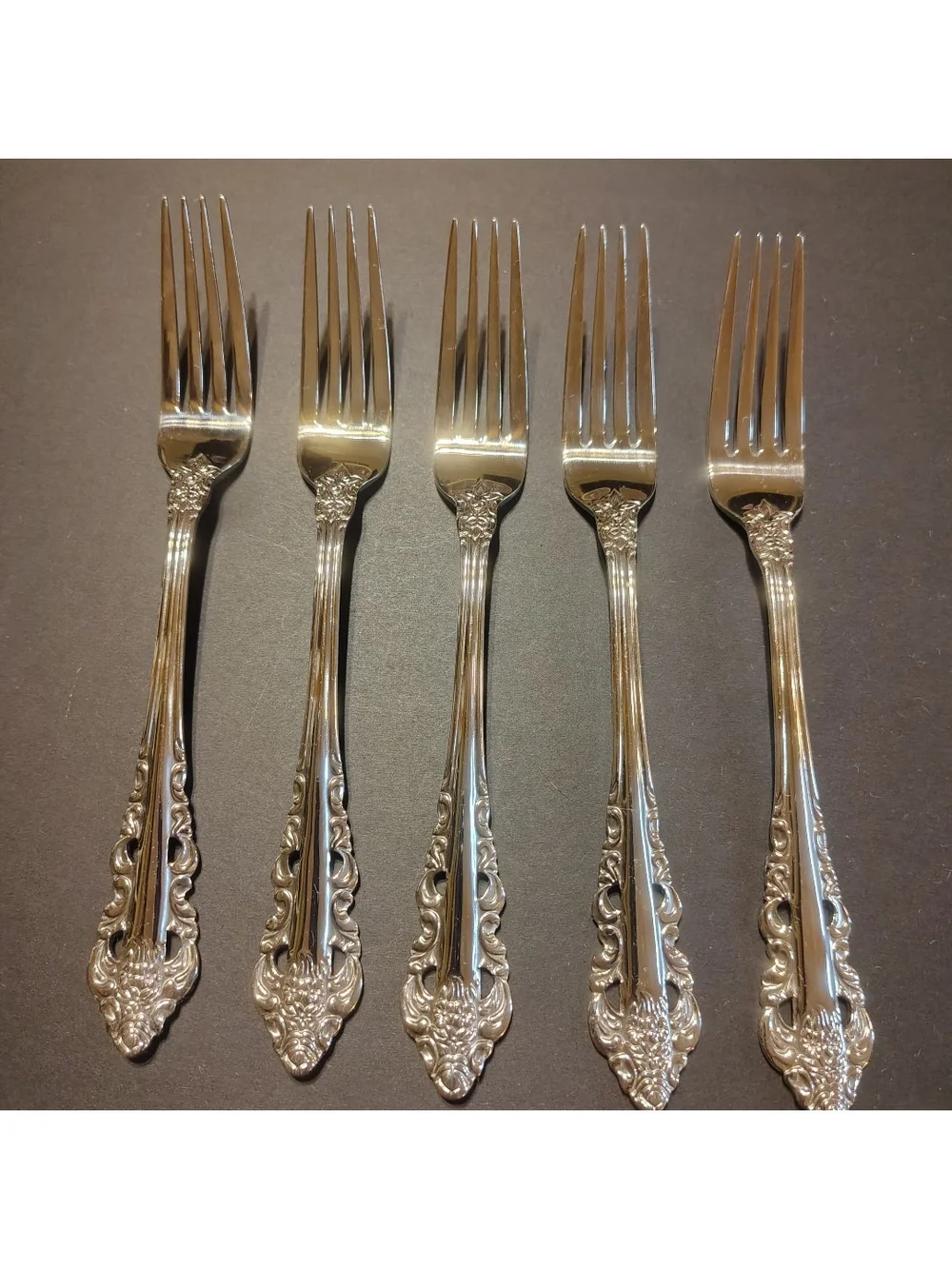 Wallace Antique Baroque Stainless Ornate Silver Dinner Forks - Set of 5. 18/10